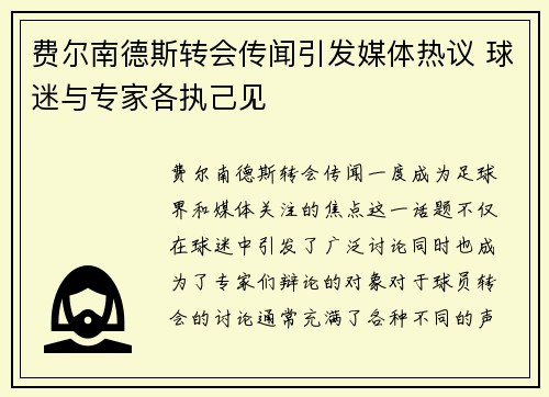 费尔南德斯转会传闻引发媒体热议 球迷与专家各执己见 费尔南德斯转会传闻引发媒体热议 球迷与专家各执己见