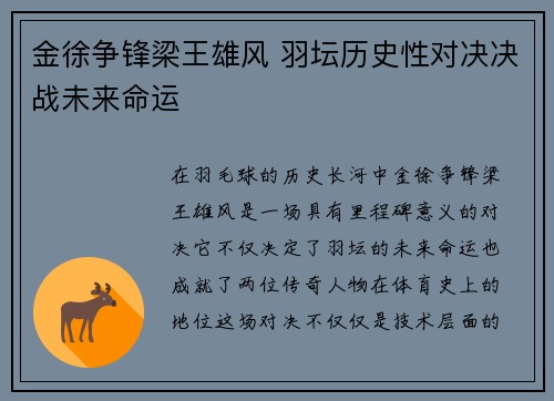 金徐争锋梁王雄风 羽坛历史性对决决战未来命运