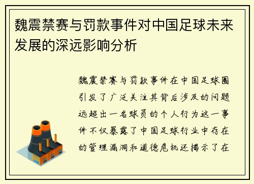 魏震禁赛与罚款事件对中国足球未来发展的深远影响分析